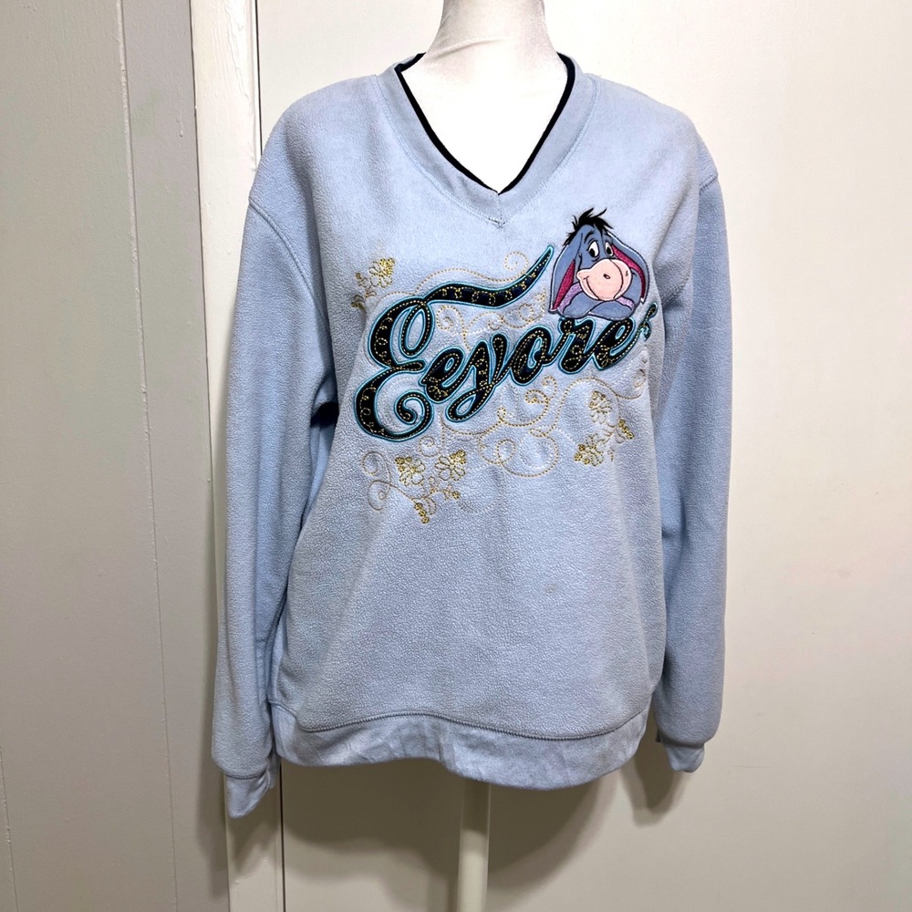 Vintage Disney Eeyore Fleece Pullover‎ Sweatshirt Blue V Neck Embroidered Size L